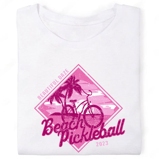Beautiful Daze Beach Pickleball Bike Bicycle Palm Tree Pink Sunset T-Shirt