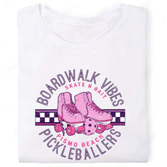 Boardwalk Vibes Skate and Bait Pismo Beach Pickleballers Pink Pickleball Rollerskates T-Shirt