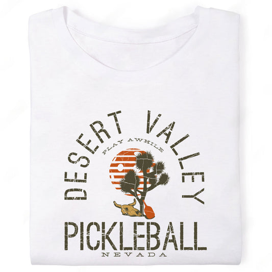 Desert Valley Nevada Pickleball Play Awhile Joshua Tree Cow Skull Paddle T-Shirt