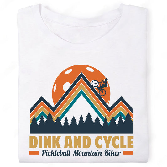 Dink and Cycle Pickleball Mountain Biker Graphic Pine Tree Peak Cyclist Silhouette T-Shirt