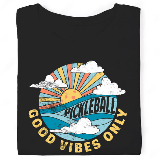 Good Vibes Only Pickleball Retro Sunburst Waves Black T-Shirt