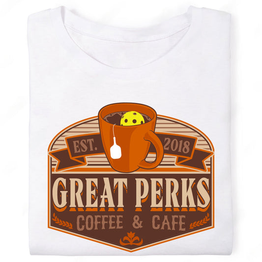 Great Perks Coffee and Cafe Pickleball Mug Emblem T-Shirt