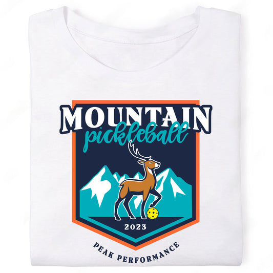 Mountain Pickleball Peak Performance Badge Deer Elk Emblem T-Shirt