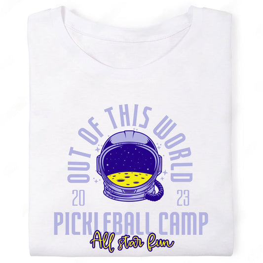 Out of this World Pickleball Camp All Star Fun Astronaut Helmet Space Moon T-Shirt
