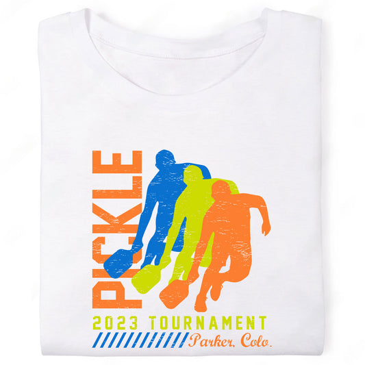 Pickle Tournament Colorful Male Female Pickleball Silhouettes Parker Colorado T-Shirt