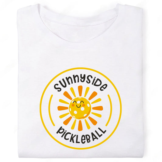 Sunnyside Pickleball Happy Cartoon Sun Circle Graphic T-Shirt