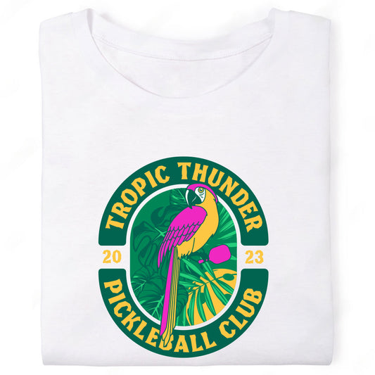 Tropic Thunder Pickleball Club Tropical Parrot Macaw Paddle Palms T-Shirt