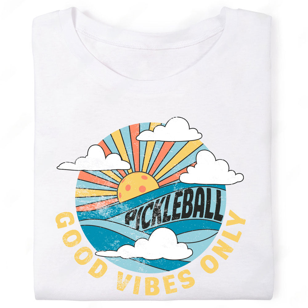 Good Vibes Only Pickleball Retro Sunburst Waves Black T-Shirt