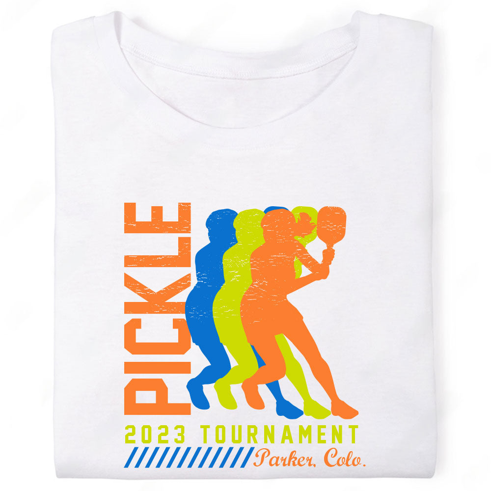 Pickle Tournament Colorful Male Female Pickleball Silhouettes Parker Colorado T-Shirt