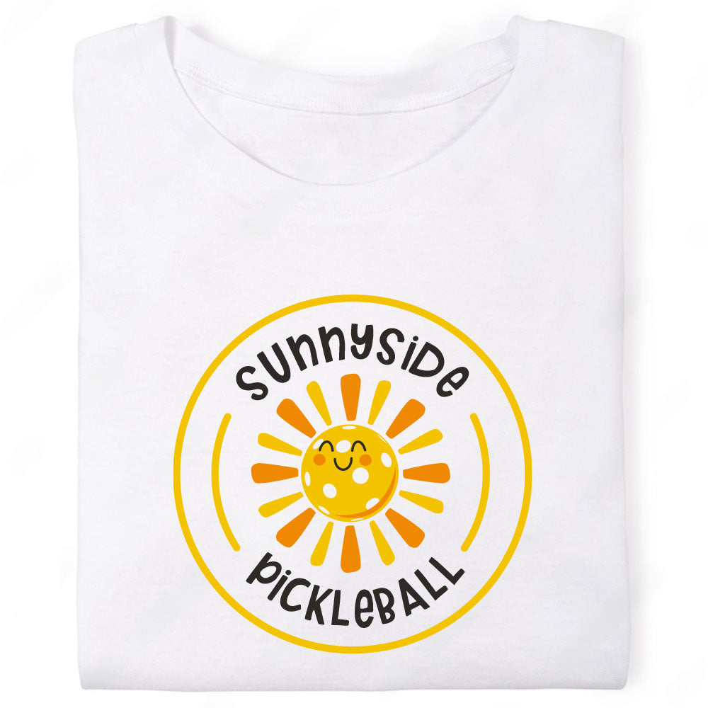 Sunnyside Pickleball Happy Cartoon Sun Circle Graphic T-Shirt